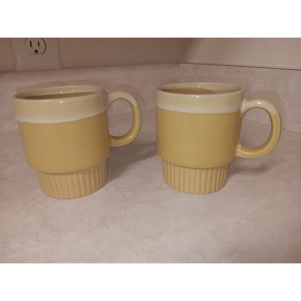 Vtg Tan Drip Glaze Coffee Cups Japan Stackable Ceramic Retro Style Kitchen Decor